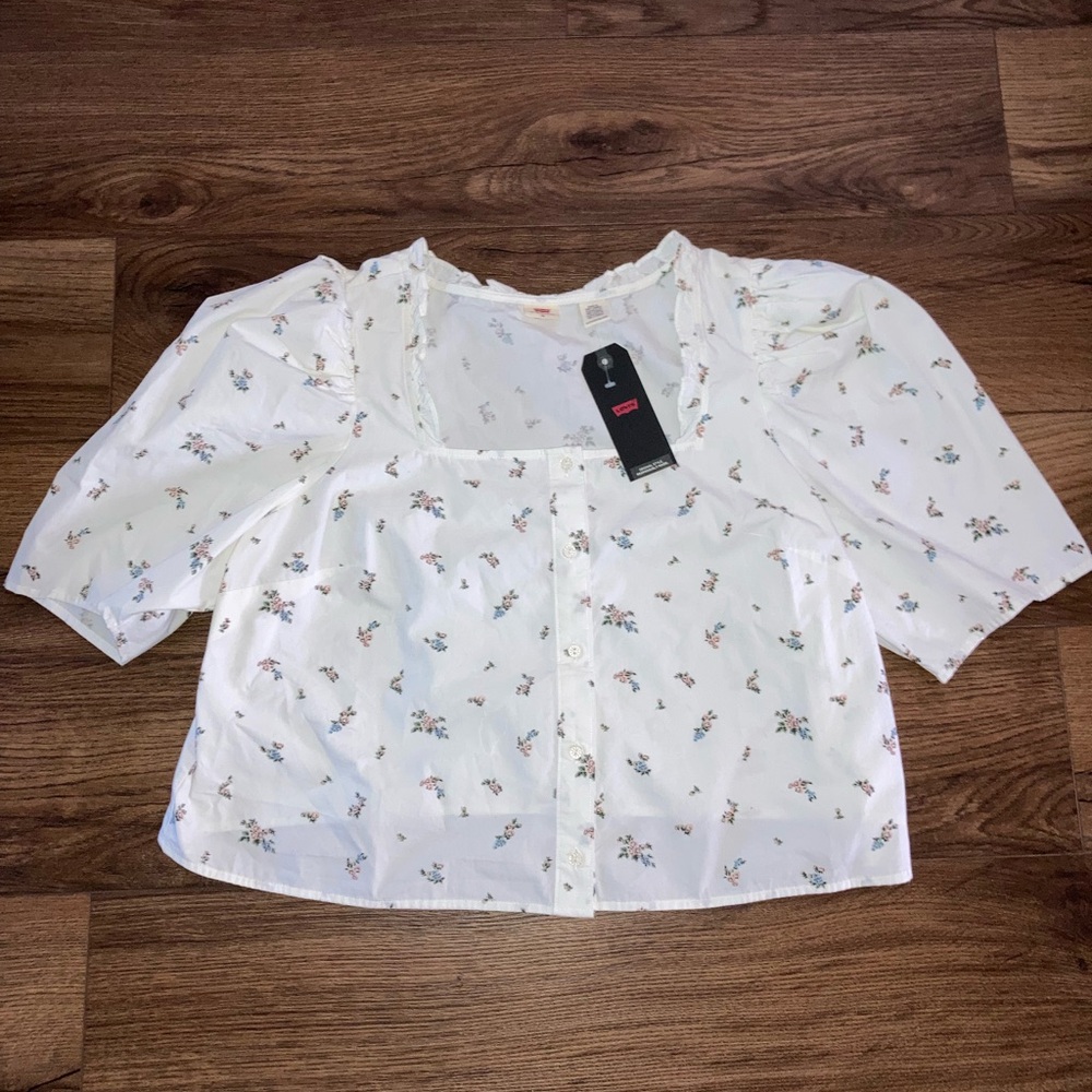 Levi’s women’s White Floral Square-Neck Button Front Blouse size 3XL new